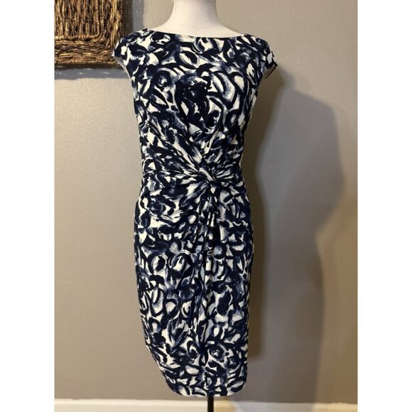 Ralph Lauren Dress 8 Stretch Sheath Blue Ivory Washable Knot Sleeveless NEW - Picture 5 of 11